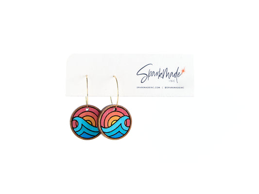 Sunrise Ocean Hand Painted Walnut Hoop Earrings