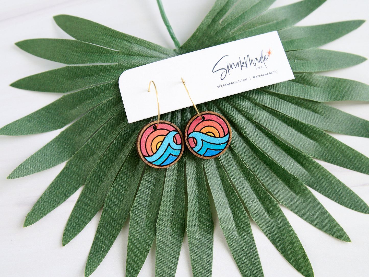 Sunrise Ocean Hand Painted Walnut Hoop Earrings