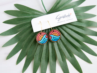 Sunrise Ocean Hand Painted Walnut Hoop Earrings
