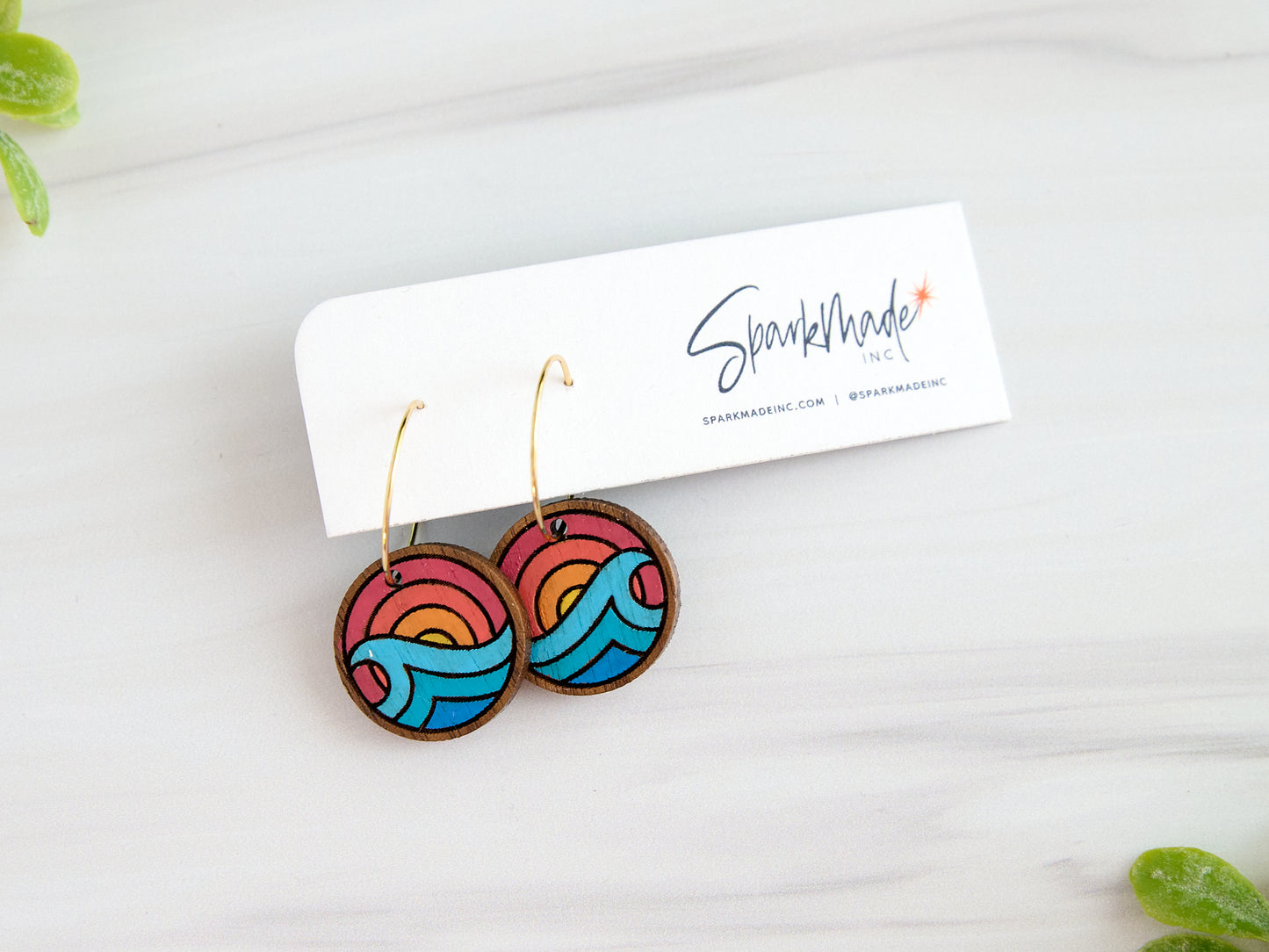 Sunrise Ocean Hand Painted Walnut Hoop Earrings