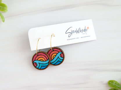 Sunrise Ocean Hand Painted Walnut Hoop Earrings