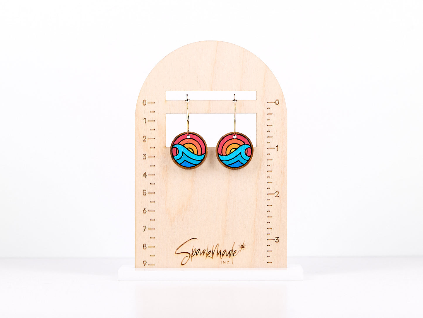 Sunrise Ocean Hand Painted Walnut Hoop Earrings